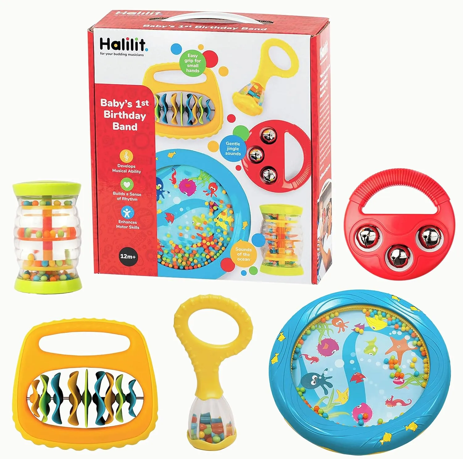 Baby's First Toy Instrument Set, Includes Shaker, Drum, Maracas, Bells and Rainbow Shaker