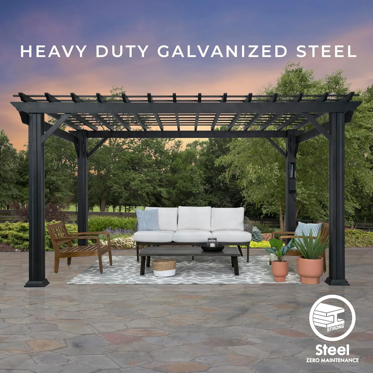 Backyard Discovery Stratford 14' x 10' Traditional Galvanized Steel Pergola Kit with Shade Sail Canopy, Powder-Coated Finish, All-Season Durability, High-Wind Rating for Outdoor Patio, Deck, Garden