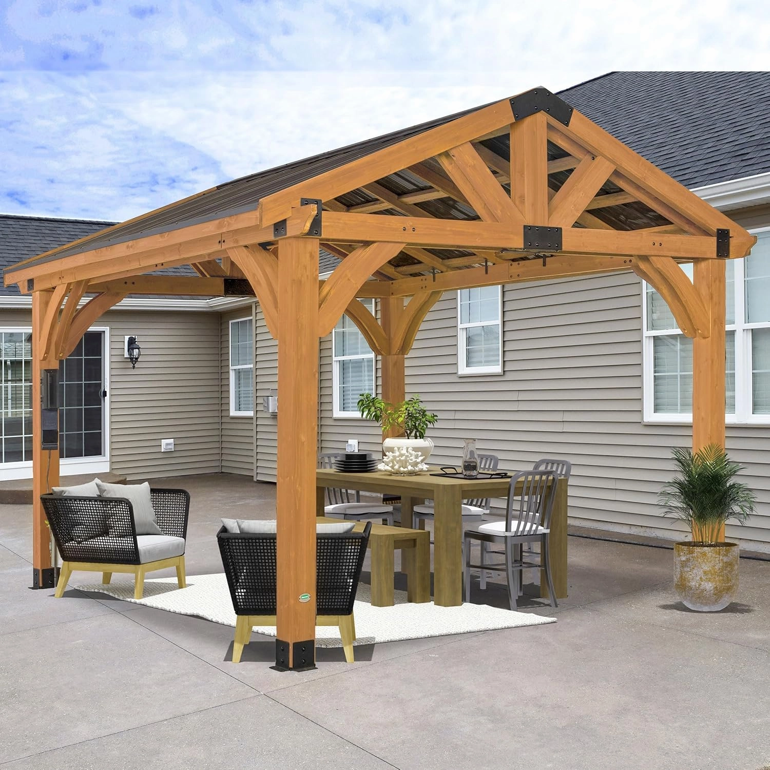 Backyard Discovery Arlington 12' x 12' Cedar Wood Outdoor Gazebo Pavilion with Hardtop Galvanized Steel Peak Roof, Snow Support, Wind Resistance, PowerPort, Shade for Garden, Patio, Deck, Entertaining