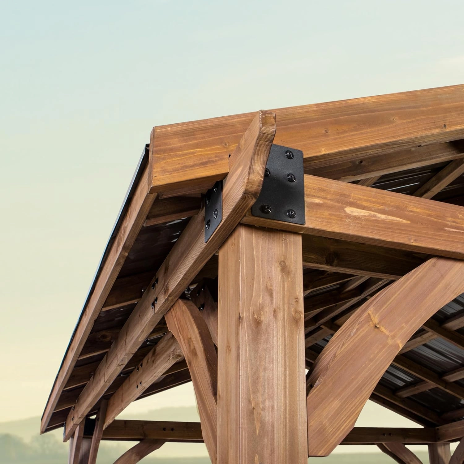 Backyard Discovery Arlington 12' x 12' Cedar Wood Outdoor Gazebo Pavilion with Hardtop Galvanized Steel Peak Roof, Snow Support, Wind Resistance, PowerPort, Shade for Garden, Patio, Deck, Entertaining