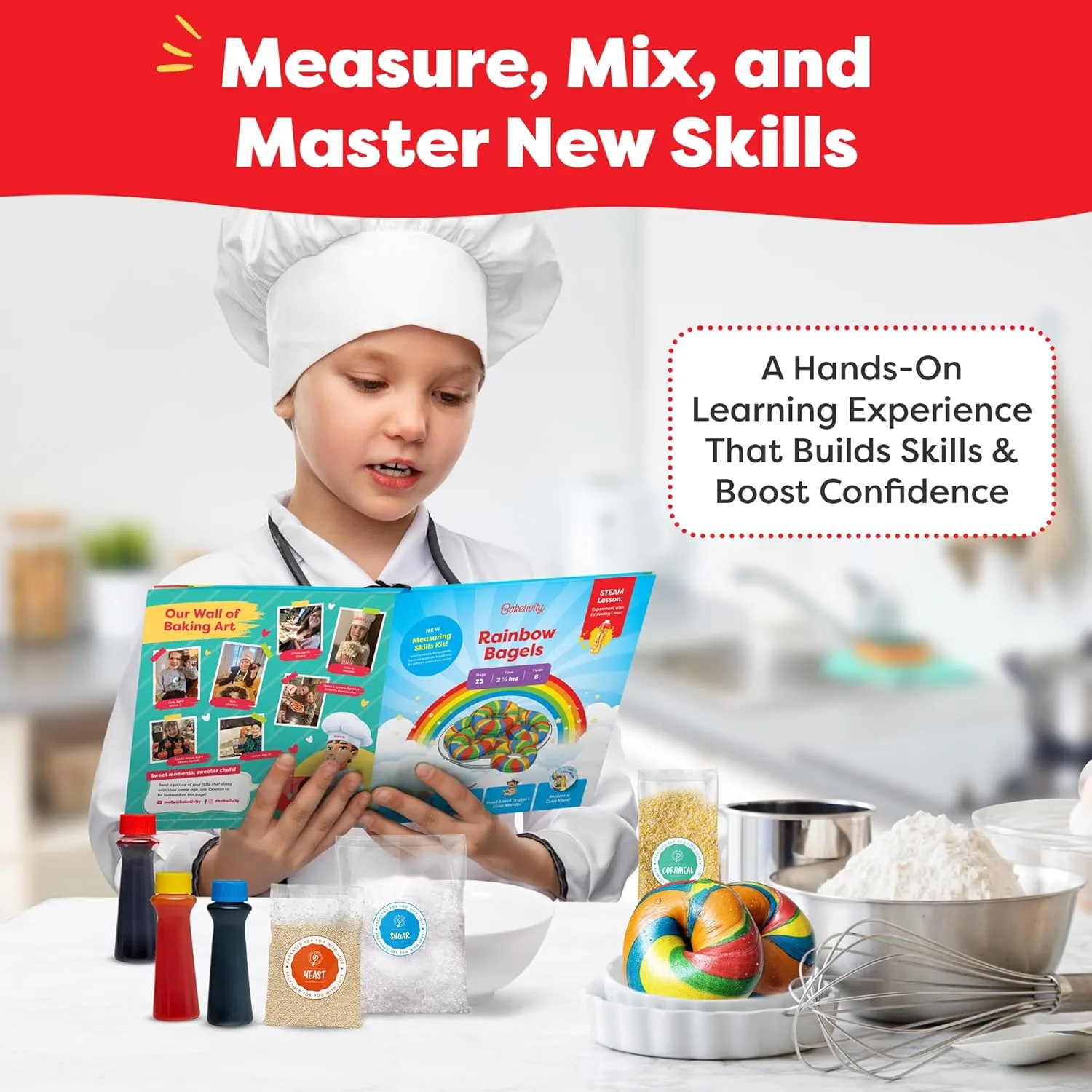 Baketivity Rainbow Bagel Kids Baking Kit - Baking Kits for Kids with Premeasured Ingredients, Step-By-Step Instructions, Video Guide, and STEM Lessons - Kids Cooking Kit for Ages 6-12 