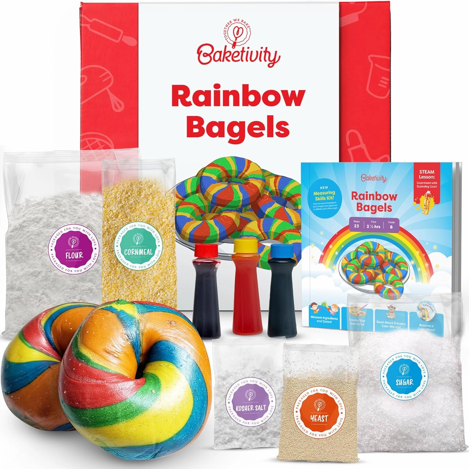 Baketivity Rainbow Bagel Kids Baking Kit - Baking Kits for Kids with Premeasured Ingredients, Step-By-Step Instructions, Video Guide, and STEM Lessons - Kids Cooking Kit for Ages 6-12 