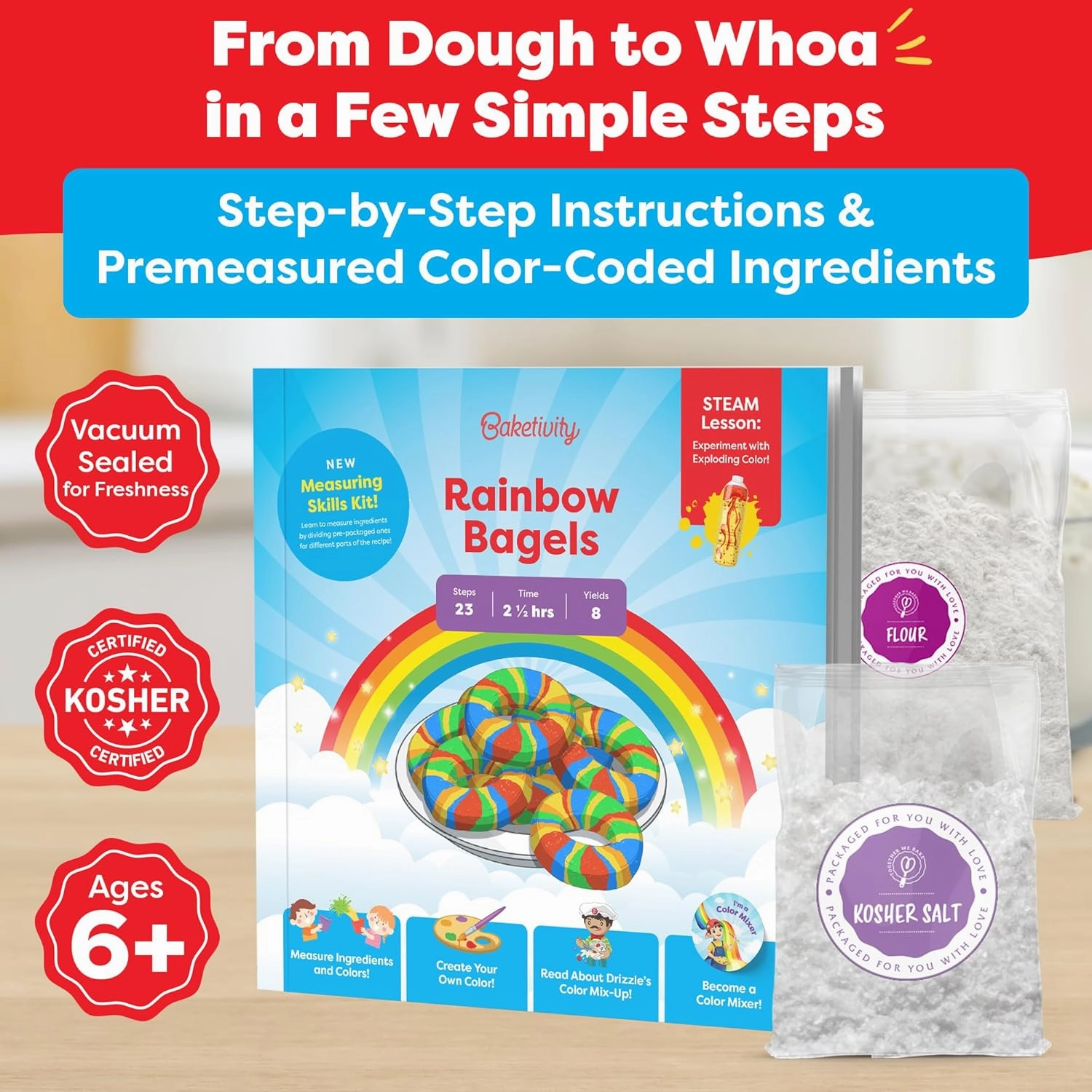 Baketivity Rainbow Bagel Kids Baking Kit - Baking Kits for Kids with Premeasured Ingredients, Step-By-Step Instructions, Video Guide, and STEM Lessons - Kids Cooking Kit for Ages 6-12 
