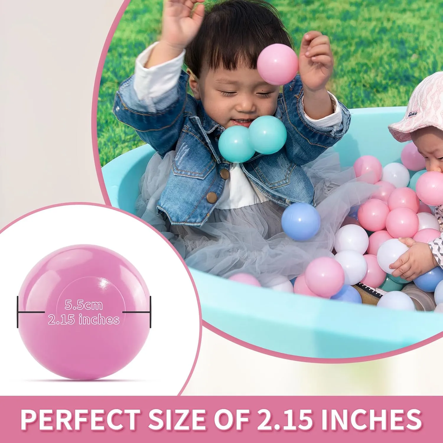 Ball Pit Balls for Kids, 200 pcs 2.15 Inches Small Size Thicken Soft Plastic Crush Proof Ball Pit Balls BPA Phthalate Free Baby Toddler Toy Ball with 4 Color Pink Green Purple Yellow