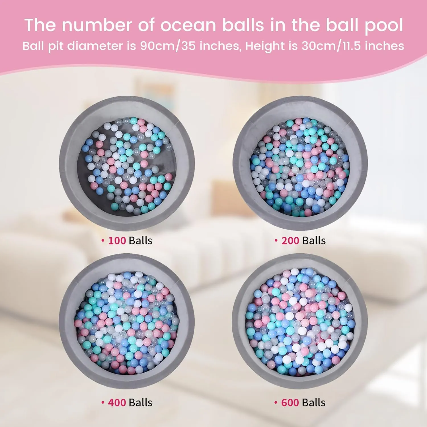 Ball Pit Balls for Kids, 200 pcs 2.15 Inches Small Size Thicken Soft Plastic Crush Proof Ball Pit Balls BPA Phthalate Free Baby Toddler Toy Ball with 4 Color Pink Green Purple Yellow