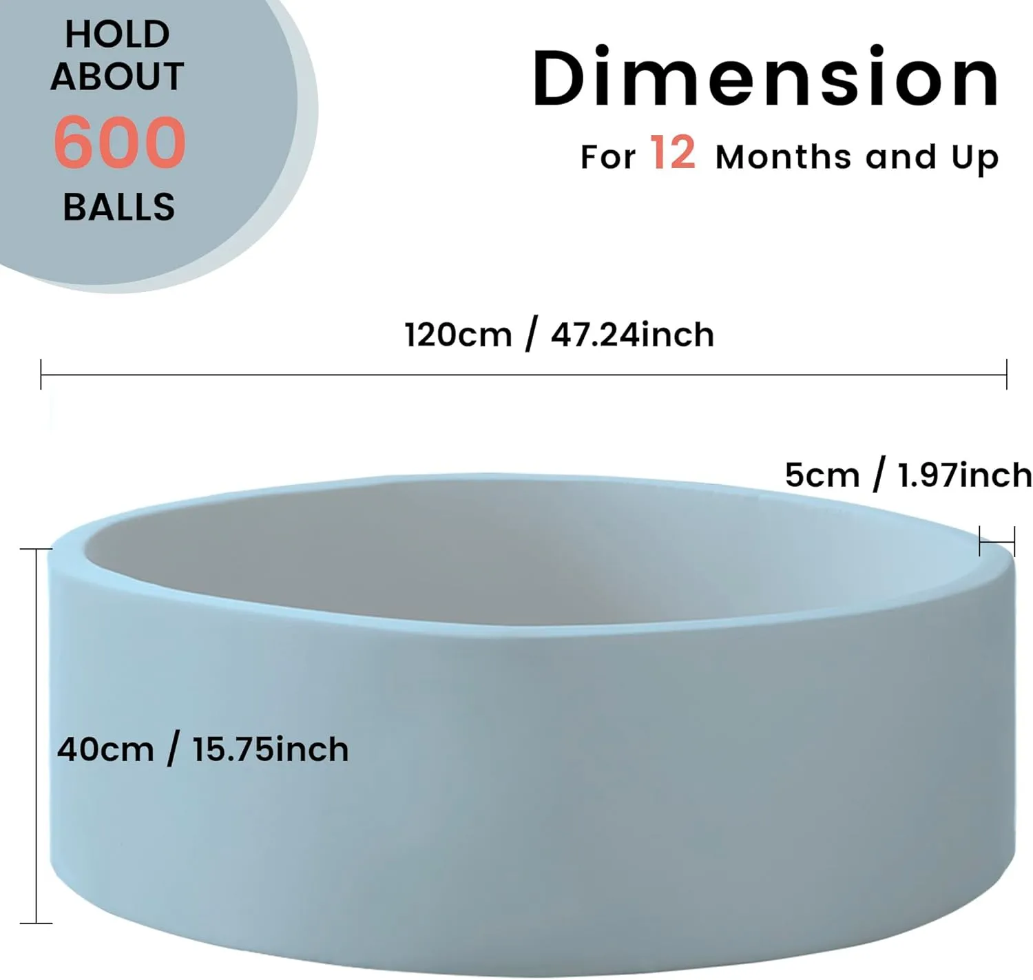 Ball Pit for Toddlers 47.24''x15.75'' Baby Ball Pit Soft Foam Ball Pits Round Lagre Kids Ball Pits Indoor Kids Play Ball Pool Ideal Gift for Children (Lightblue, NO Balls)
