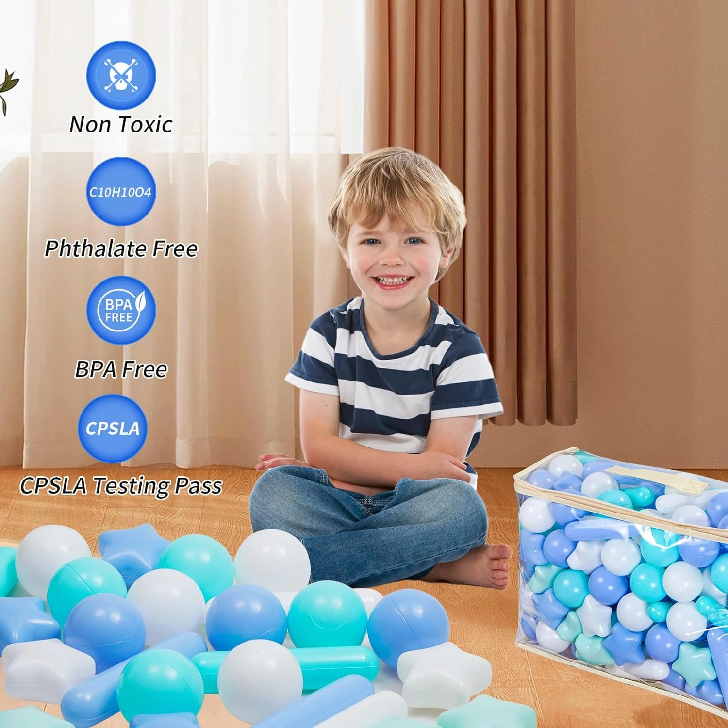 Ball Pit Balls for Kids, Pool Toys Thicken Soft Plastic Balls for Ball Pit BPA Free Toddler Toy 3 Shapes (Balls, Star, Stick) Mixed White Blue Green 100pcs