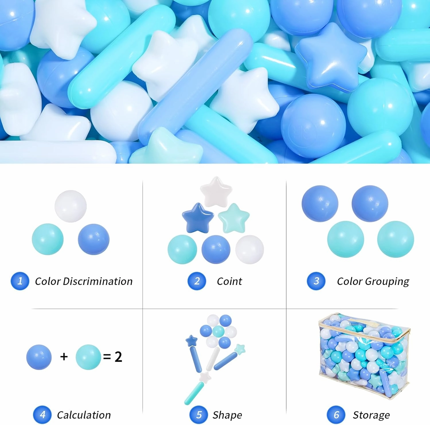 Ball Pit Balls for Kids, Pool Toys Thicken Soft Plastic Balls for Ball Pit BPA Free Toddler Toy 3 Shapes (Balls, Star, Stick) Mixed White Blue Green 100pcs