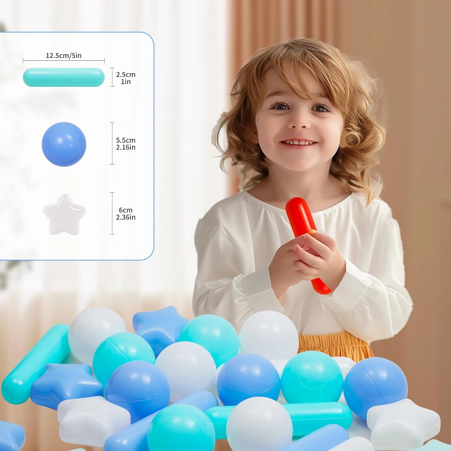 Ball Pit Balls for Kids, Pool Toys Thicken Soft Plastic Balls for Ball Pit BPA Free Toddler Toy 3 Shapes (Balls, Star, Stick) Mixed White Blue Green 100pcs