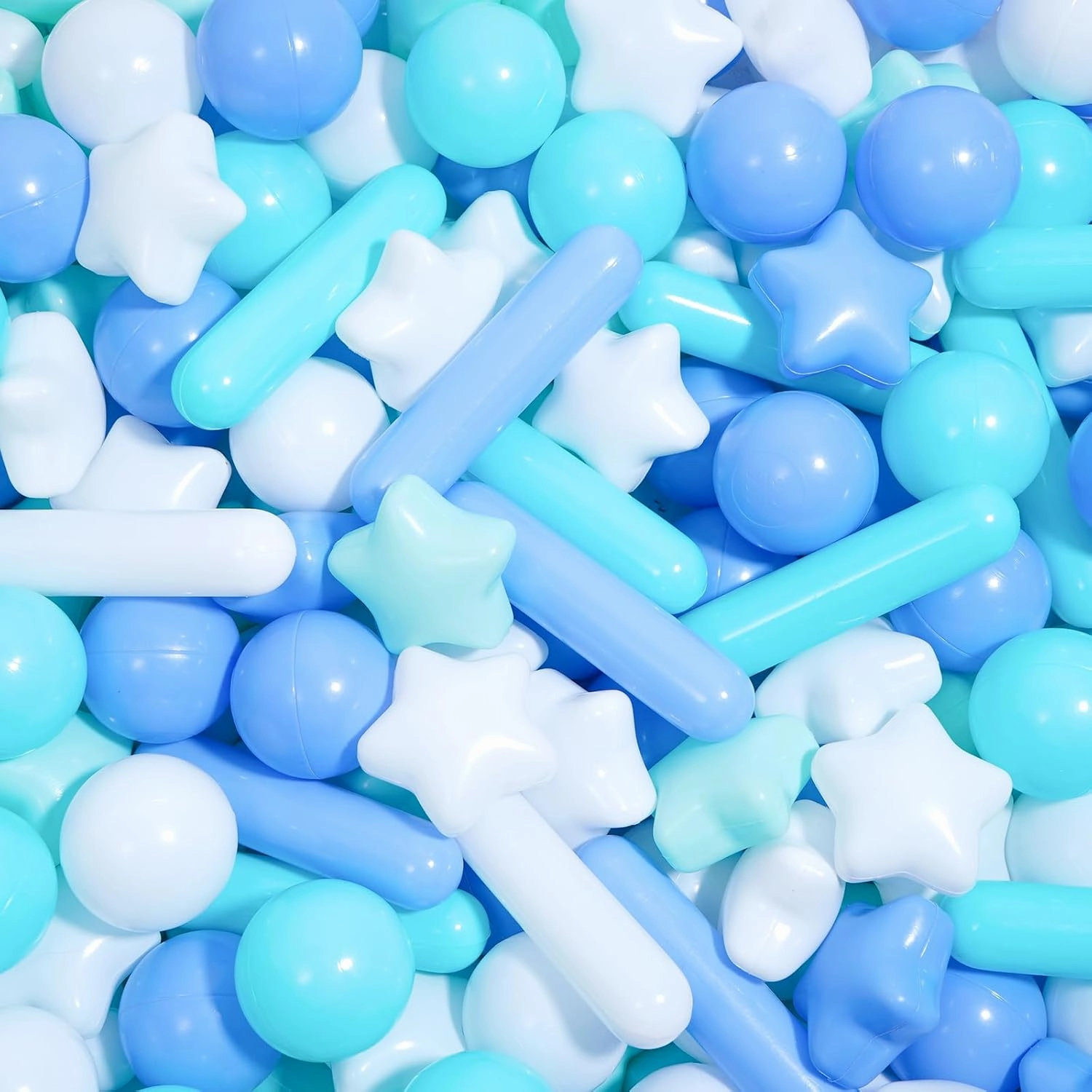 Ball Pit Balls for Kids, Pool Toys Thicken Soft Plastic Balls for Ball Pit BPA Free Toddler Toy 3 Shapes (Balls, Star, Stick) Mixed White Blue Green 100pcs