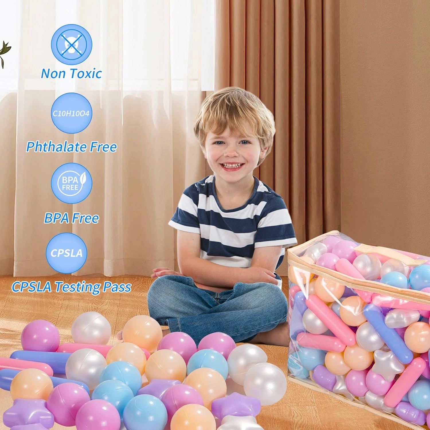 Ball Pit Balls for Kids, Pool Toys Thicken Soft Plastic Balls for Ball Pit BPA Free Toddler Toy 3 Shapes (Balls, Star, Stick) Mixed White Blue Green 100pcs