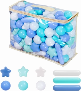 Ball Pit Balls for Kids, Pool Toys Thicken Soft Plastic Balls for Ball Pit BPA Free Toddler Toy 3 Shapes (Balls, Star, Stick) Mixed White Blue Green 100pcs