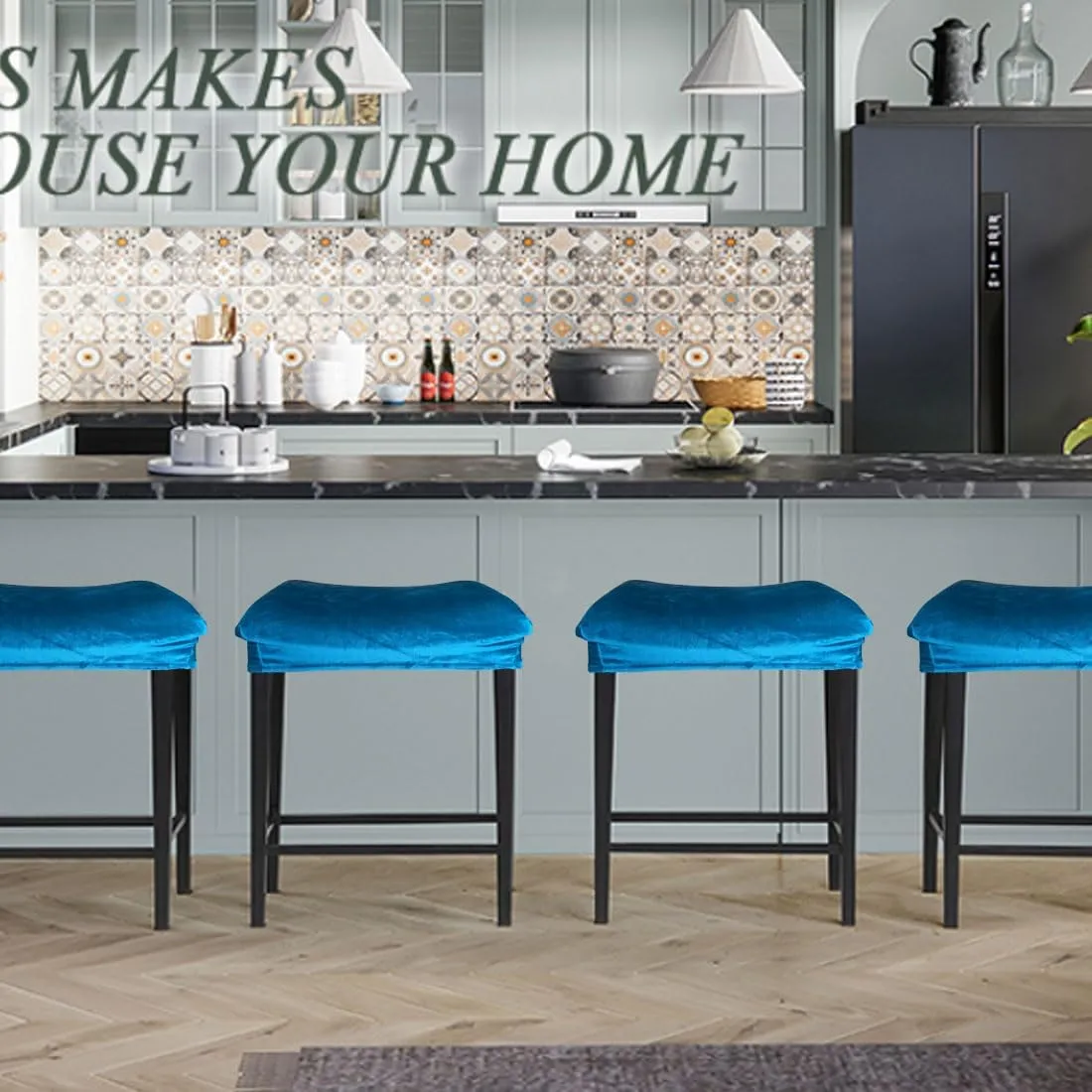 Bar Stool Cover Rectangle Set of 2 Velvet Stretch Counter Height Bar stools Slipcovers Saddle Stool Slipcover Bench Seat Protector Backless Bar Stools Covers for Kitchen Counter Blue