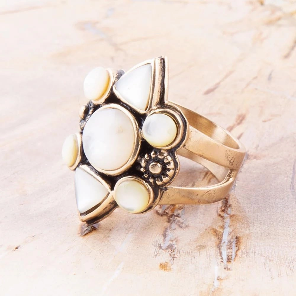Barse Jewelry White Mother of Pearl Golden Statement Ring