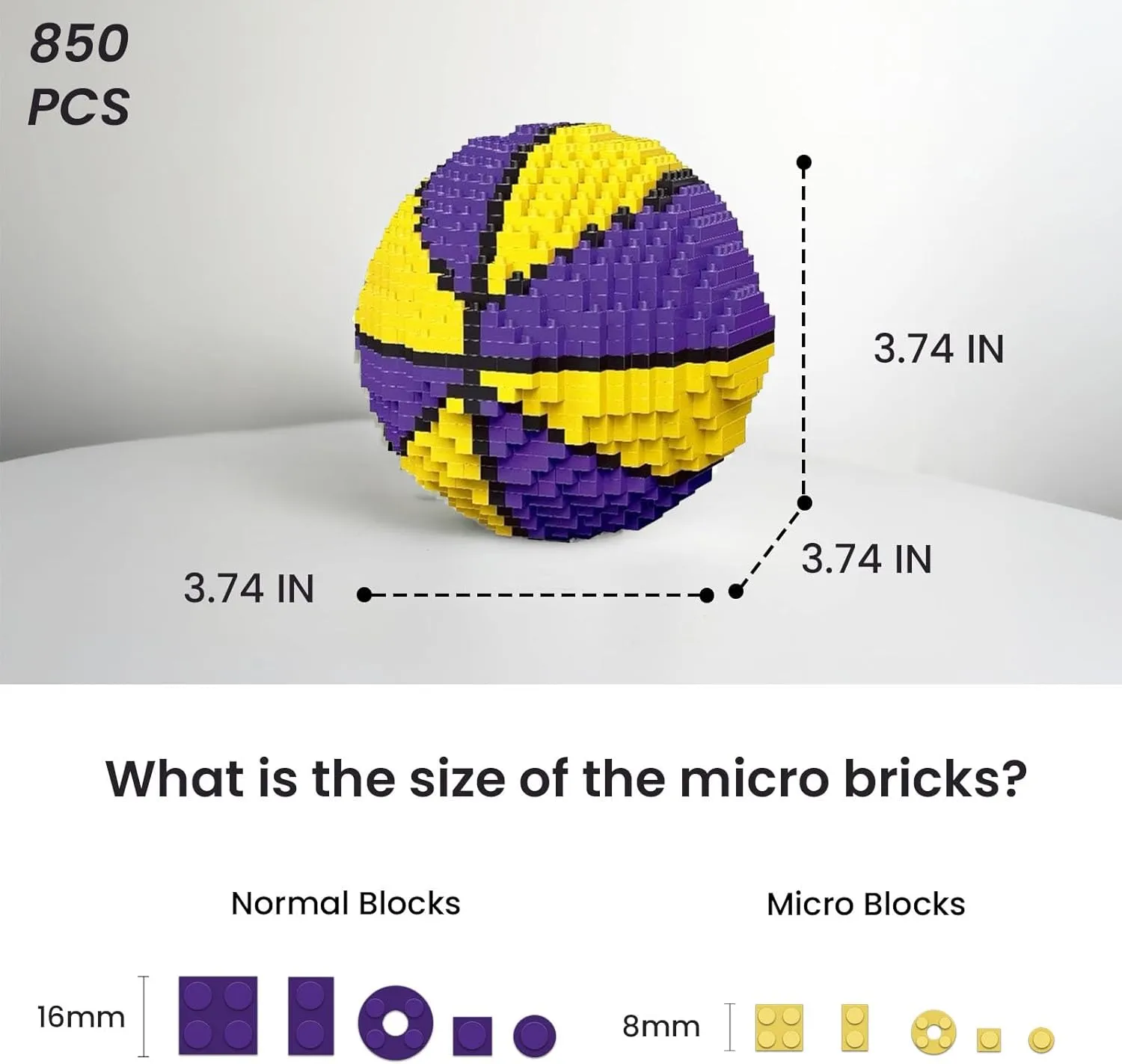 Basketball Building Set for Adults, Purple & Yellow Basketball Décor Model Kit, STEM Toys Gifts for Sports Game Fans(850 Pieces)