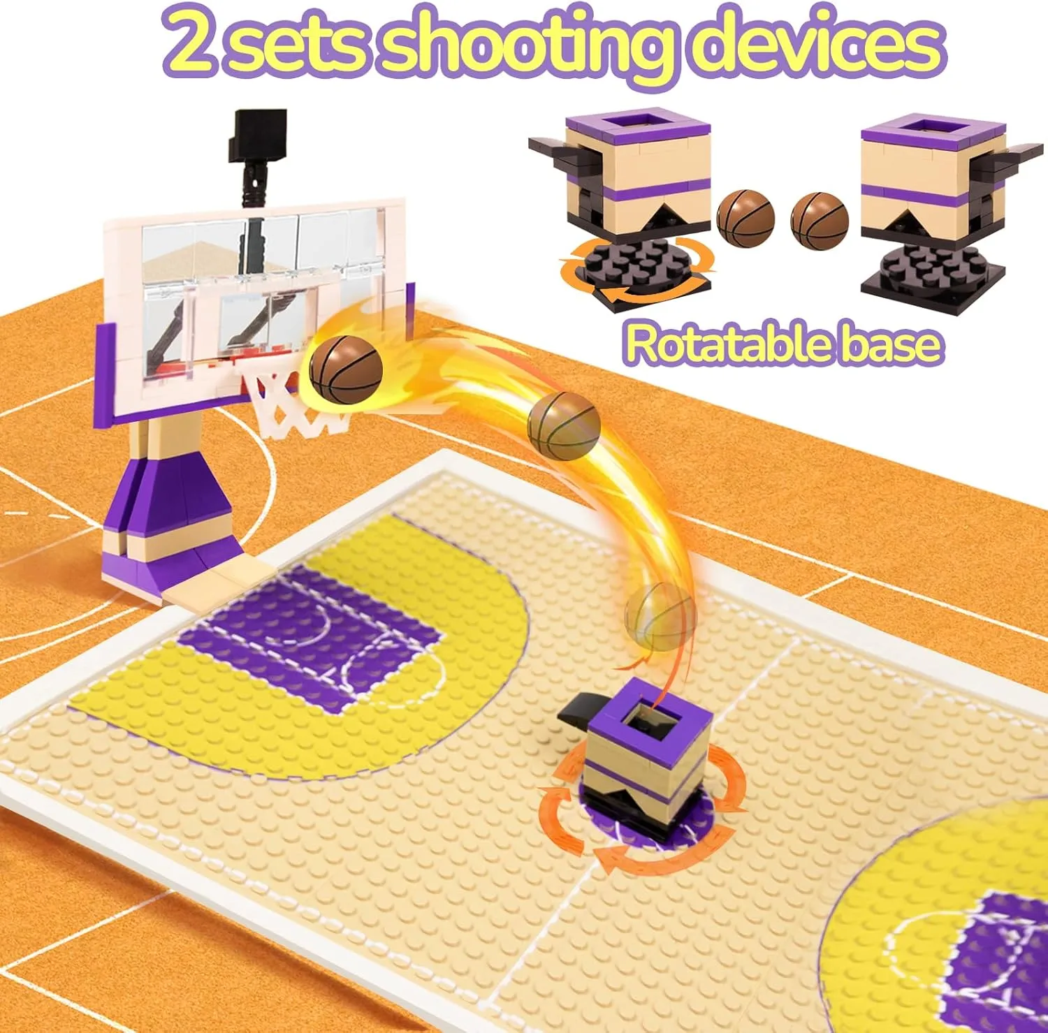 Basketball Playset Building Blocks, Basketball Court Baseplate Brick with Basketball Stands, launchers Bricks, 2 Basketballs, Building Bricks Set Compatible with Major Brands