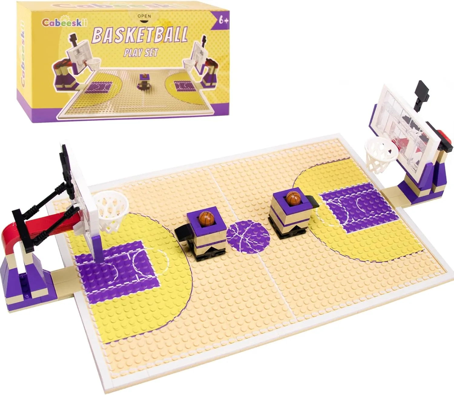 Basketball Playset Building Blocks, Basketball Court Baseplate Brick with Basketball Stands, launchers Bricks, 2 Basketballs, Building Bricks Set Compatible with Major Brands