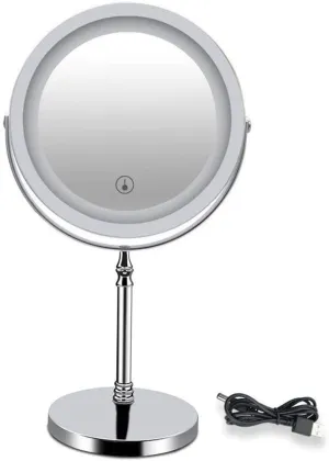 Bathroom Mirror Rechargeable Lighted Makeup Mirror with Dimmable Lights,7 Inch 10X Makeup Mirror with Lights and Magnification,Touch Screen, Double Source Vanity Mirror 360° Rotating Portable