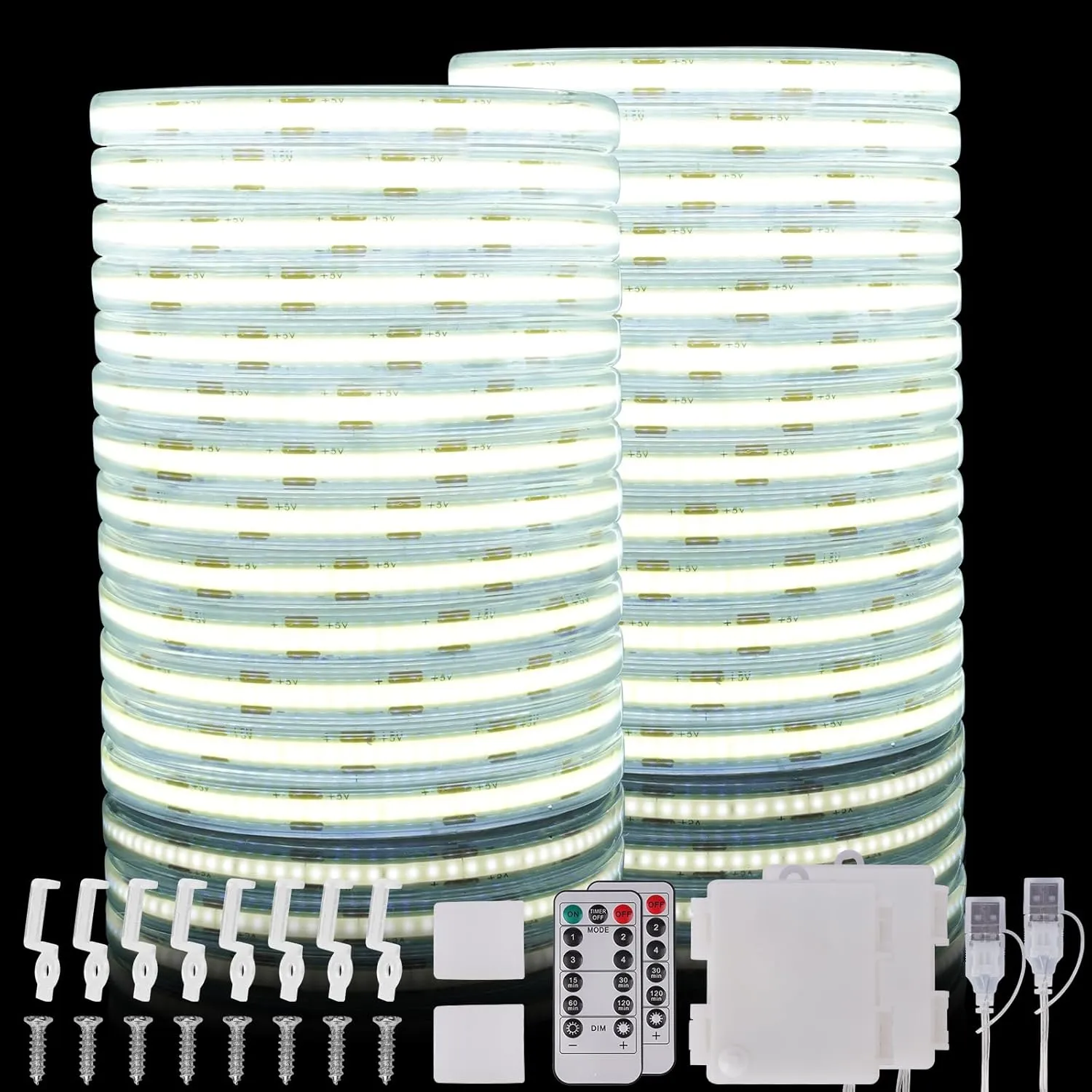 Battery Operated Light Strip, 6.6FT 640LEDs 6000K Cool White USB COB LED Light Strip IP65 Waterproof Flexible Dimmable LED Light with Remote for Kitchen, Closet, DIY Backlight, Camping Gear (2 Pack)