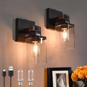 Battery Operated Wall Sconce 2-Pack Farmhouse Battery Wall Sconces Set of Two Rechargeable Lamp, Wireless Cordless Light for Bedroom