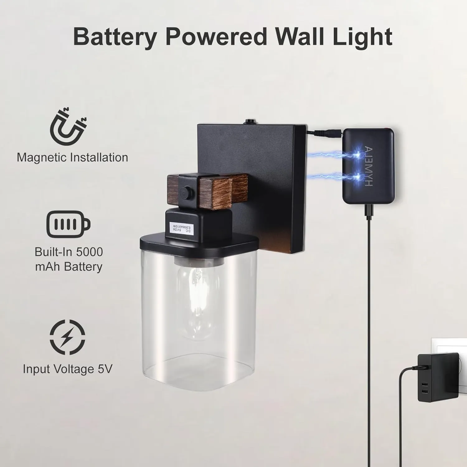 Battery Operated Wall Sconce 2-Pack Farmhouse Battery Wall Sconces Set of Two Rechargeable Lamp, Wireless Cordless Light for Bedroom