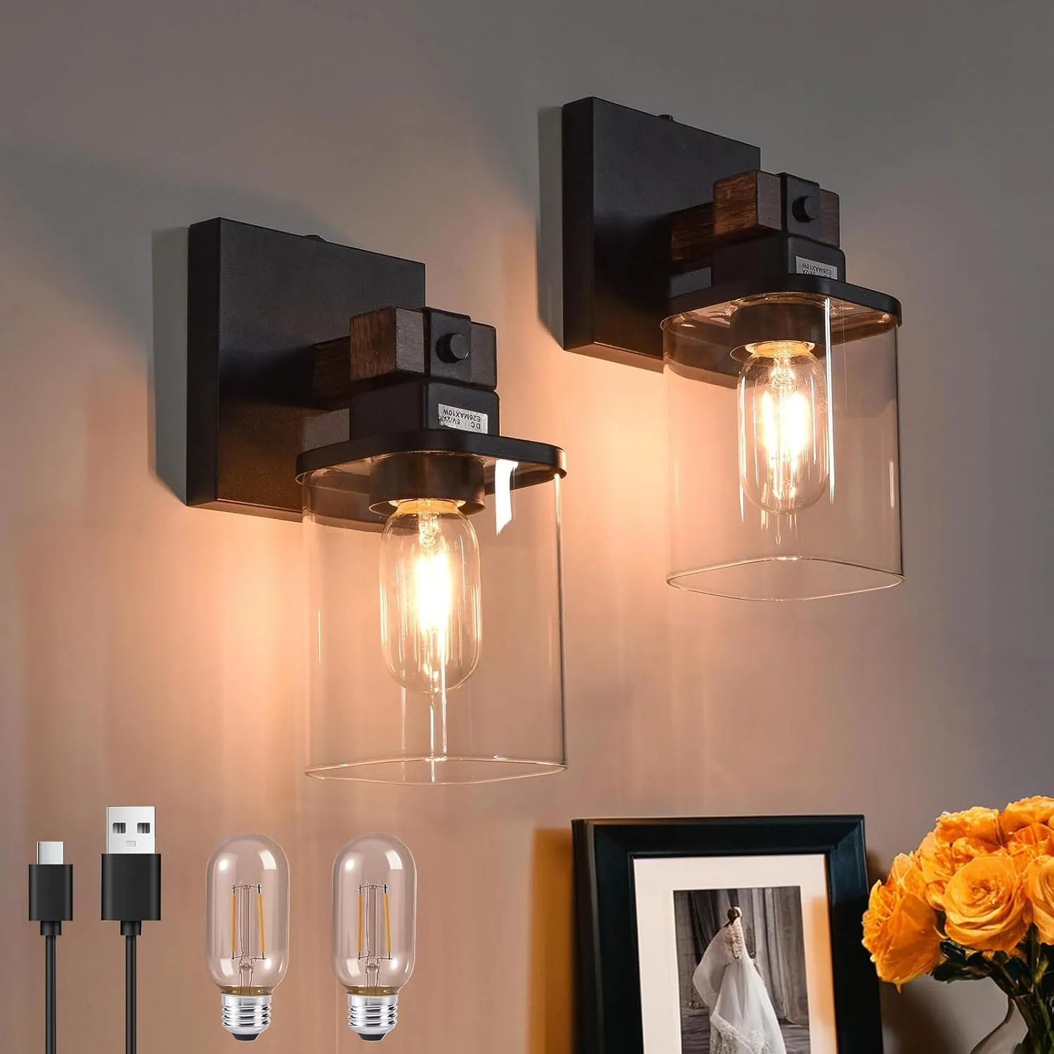 Battery Operated Wall Sconce 2-Pack Farmhouse Battery Wall Sconces Set of Two Rechargeable Lamp, Wireless Cordless Light for Bedroom