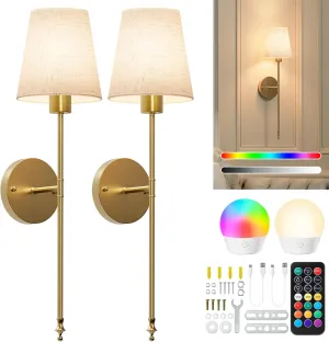 Battery Operated Wall Sconces Set of 2, Cordless Wall Lights with Rechargeable Bulbs and Remote, 12 Lighting Colors and Dimmable, Battery Powered Wall Lights for Bedroom Living Room, Gold   Flax