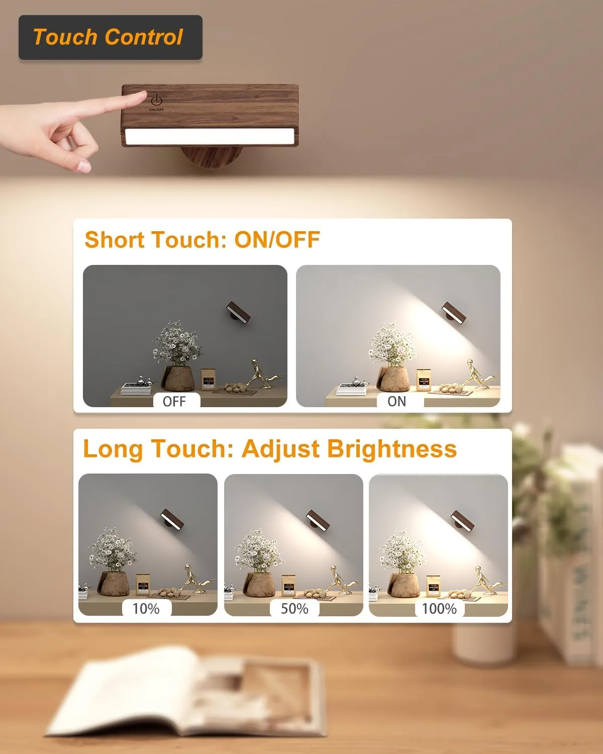 Battery Operated Wall Sconces Set of 2,Rechargeable Wall Lights Wood,Stick On Wall Lights for Bedroom,Wall Mounted Bedside Reading Lamps Dimmable,Battery Powered Wall Lamp for Bedroom