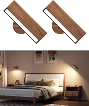 Battery Operated Wall Sconces Set of 2,Rechargeable Wall Lights Wood,Stick On Wall Lights for Bedroom,Wall Mounted Bedside Reading Lamps Dimmable,Battery Powered Wall Lamp for Bedroom