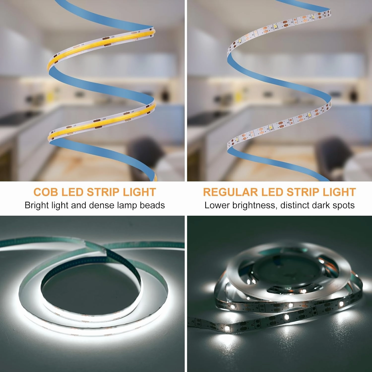 Battery Operated Light Strip, 6.56FT 640LED 6000K Cool White USB COB LED Strip Flexible Cuttable Dimmable Timer LED Light with Remote Control for Kitchen, Closet, DIY Backlight, Camping Gear (2 Pack)