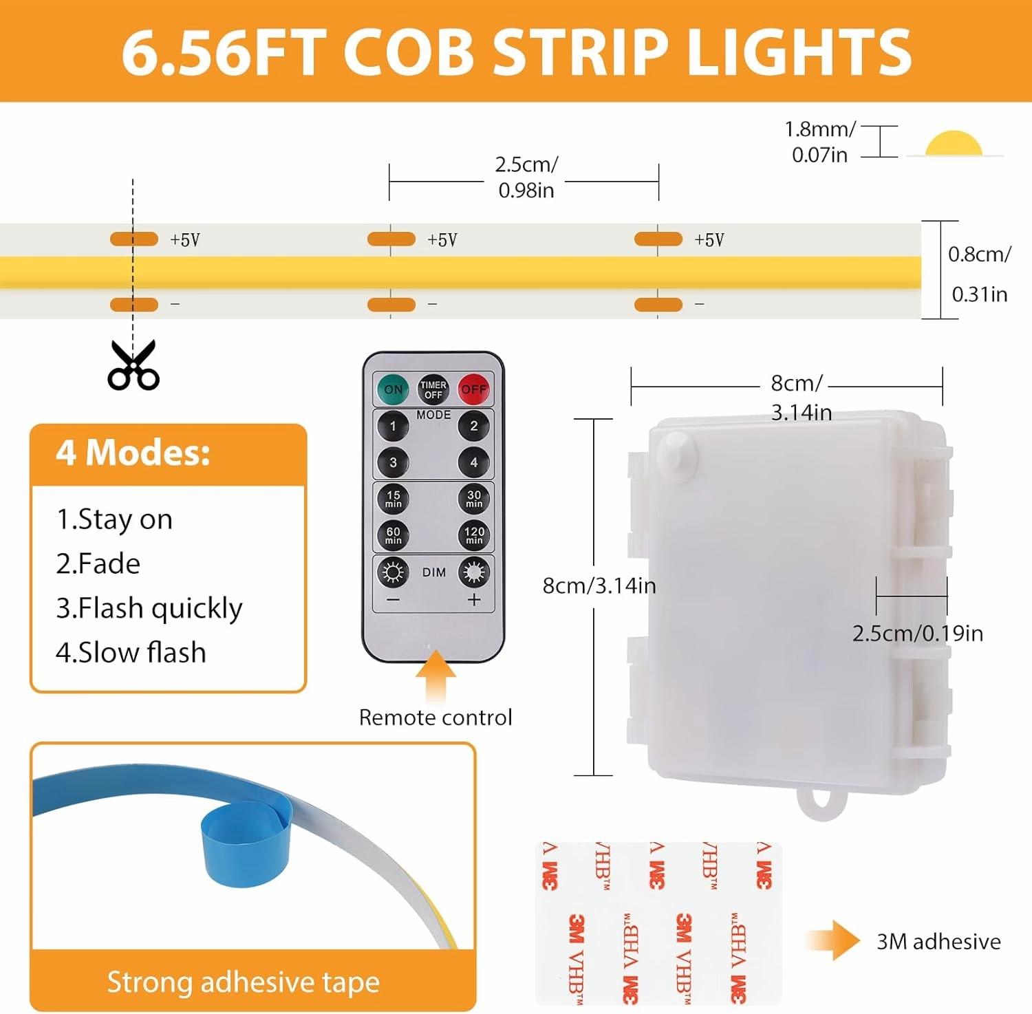 Battery Operated Light Strip, 6.56FT 640LED 6000K Cool White USB COB LED Strip Flexible Cuttable Dimmable Timer LED Light with Remote Control for Kitchen, Closet, DIY Backlight, Camping Gear (2 Pack)