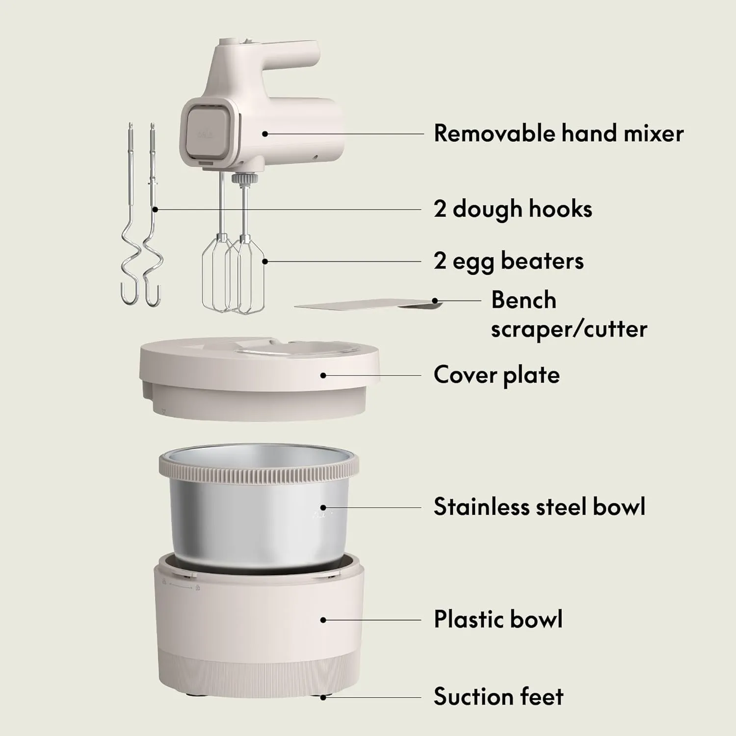 bella 3.5 qt Hand & Stand Mixer, 2 in 1 Multifunctional Kitchen Gadget, Space-saving Design & Double Dishwasher-Safe Bowls, Perfect for Dough and Batter, 200 Watt, Oatmilk