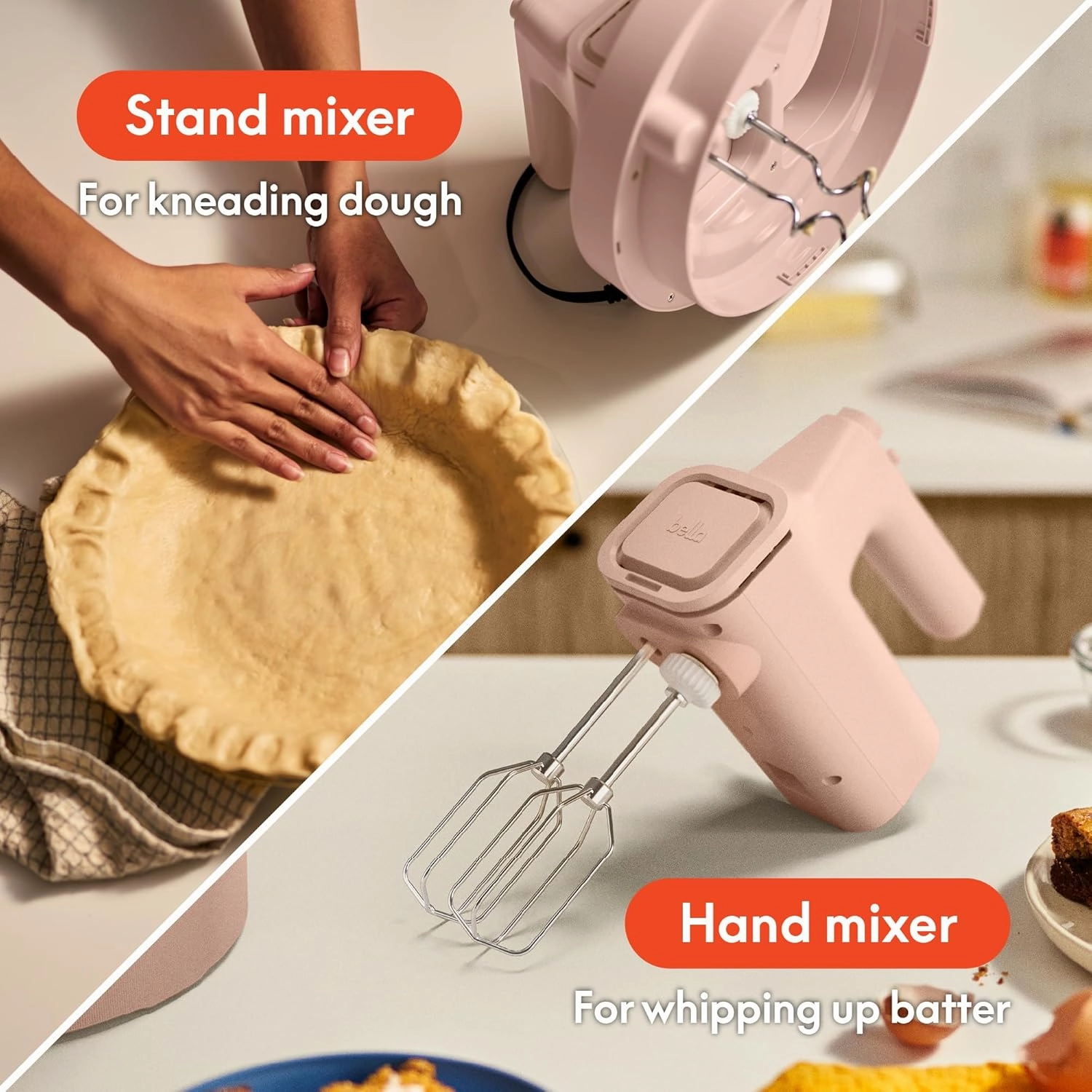bella 3.5 qt Hand & Stand Mixer, 2 in 1 Multifunctional Kitchen Gadget, Space-saving Design & Double Dishwasher-Safe Bowls, Perfect for Dough and Batter, 200 Watt, Blossom