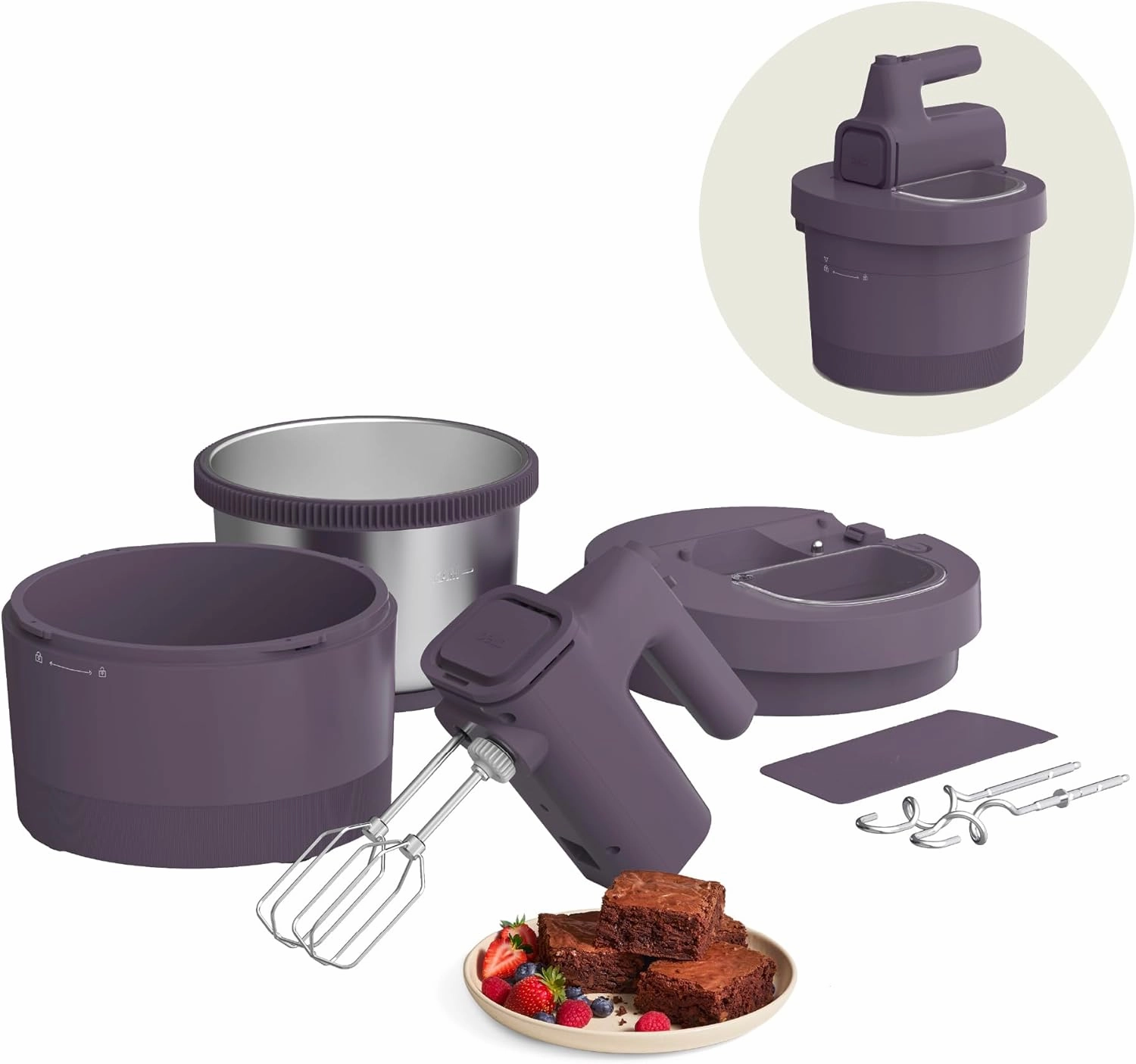 bella 3.5 qt Hand Blender & Stand Mixer, 2 in 1 Electric Mixer with Bowl, Dough Hook, Whisk & Egg Beater, Multifunctional Handheld Blender & Mixer for Baking, 200 Watt, Plum