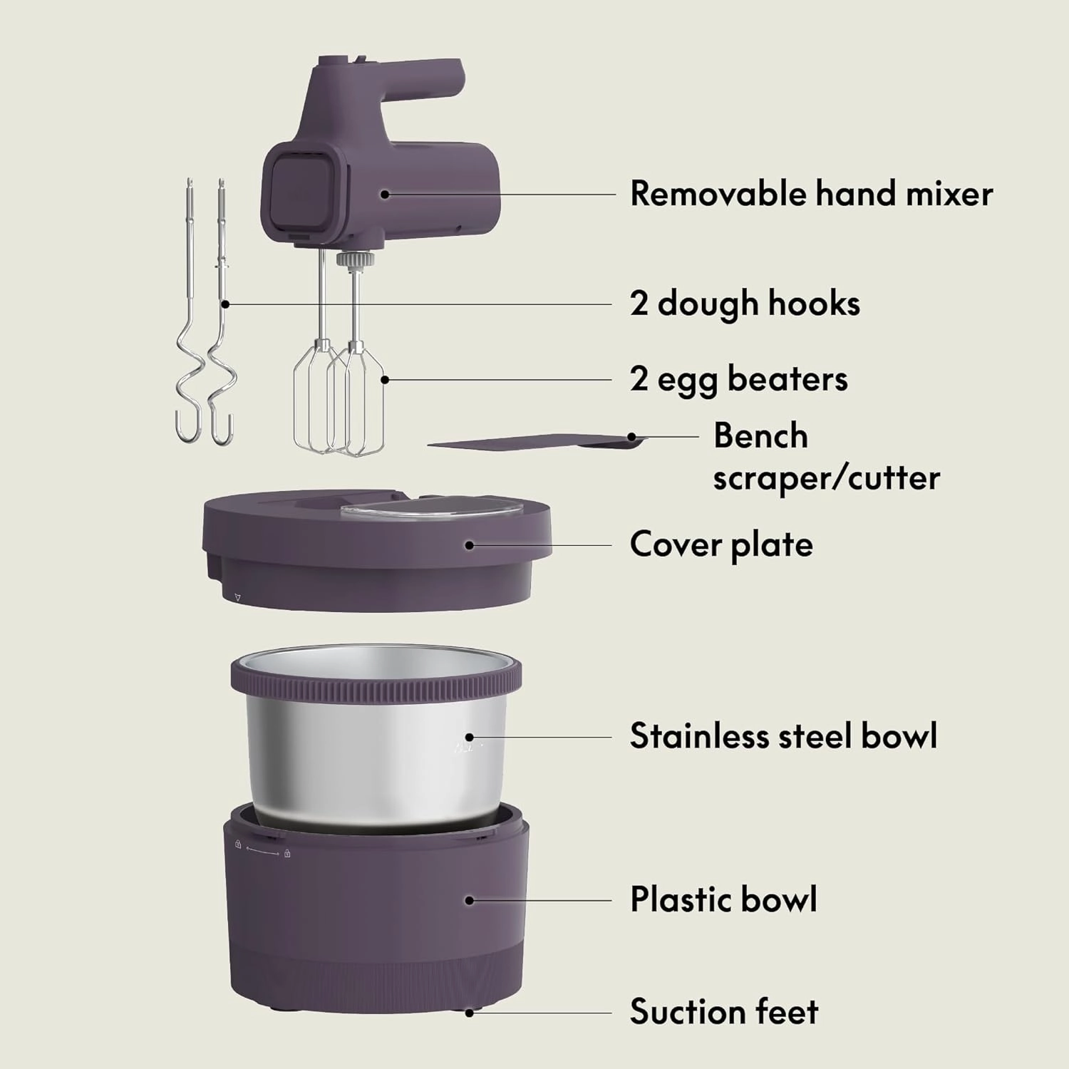 bella 3.5 qt Hand Blender & Stand Mixer, 2 in 1 Electric Mixer with Bowl, Dough Hook, Whisk & Egg Beater, Multifunctional Handheld Blender & Mixer for Baking, 200 Watt, Plum