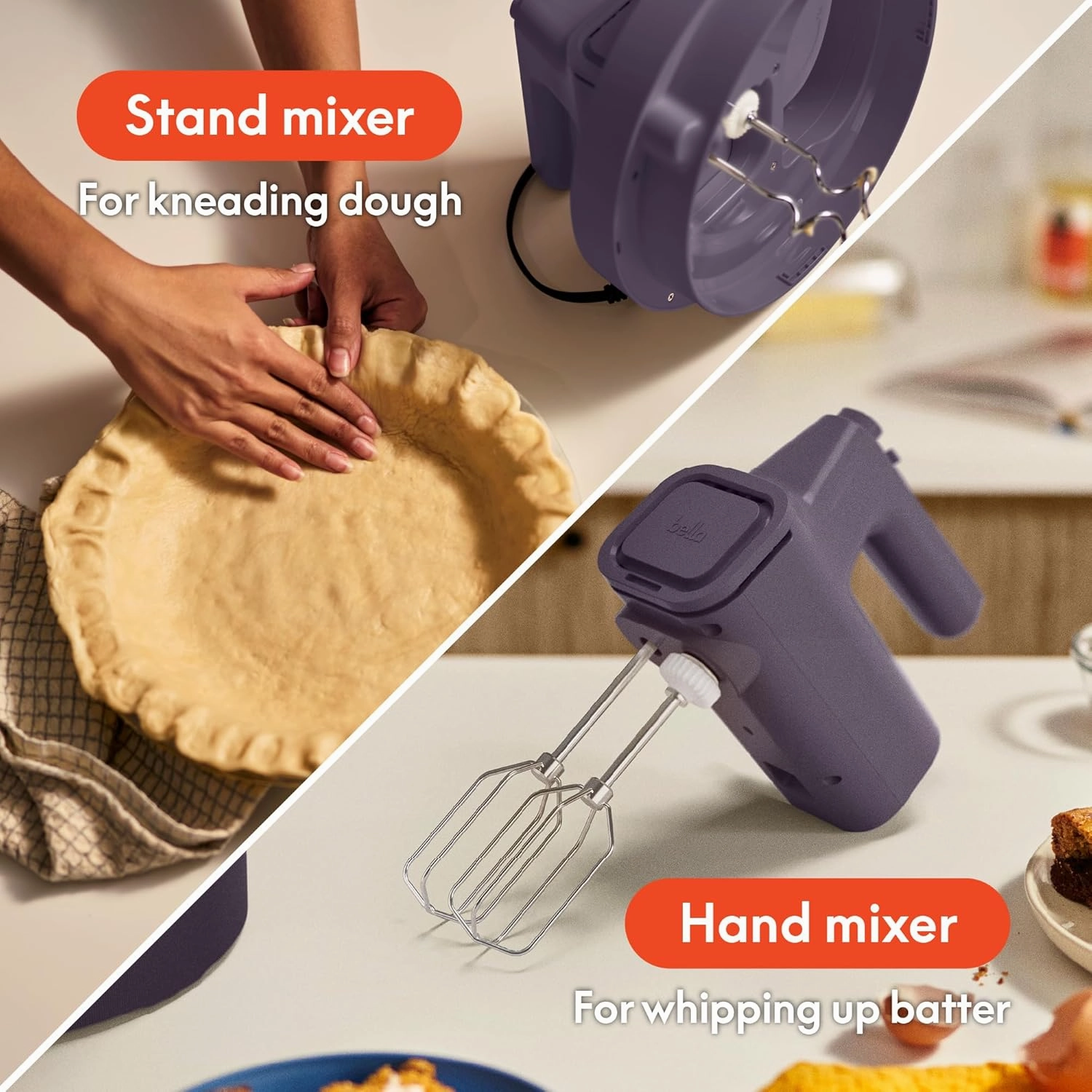 bella 3.5 qt Hand Blender & Stand Mixer, 2 in 1 Electric Mixer with Bowl, Dough Hook, Whisk & Egg Beater, Multifunctional Handheld Blender & Mixer for Baking, 200 Watt, Plum