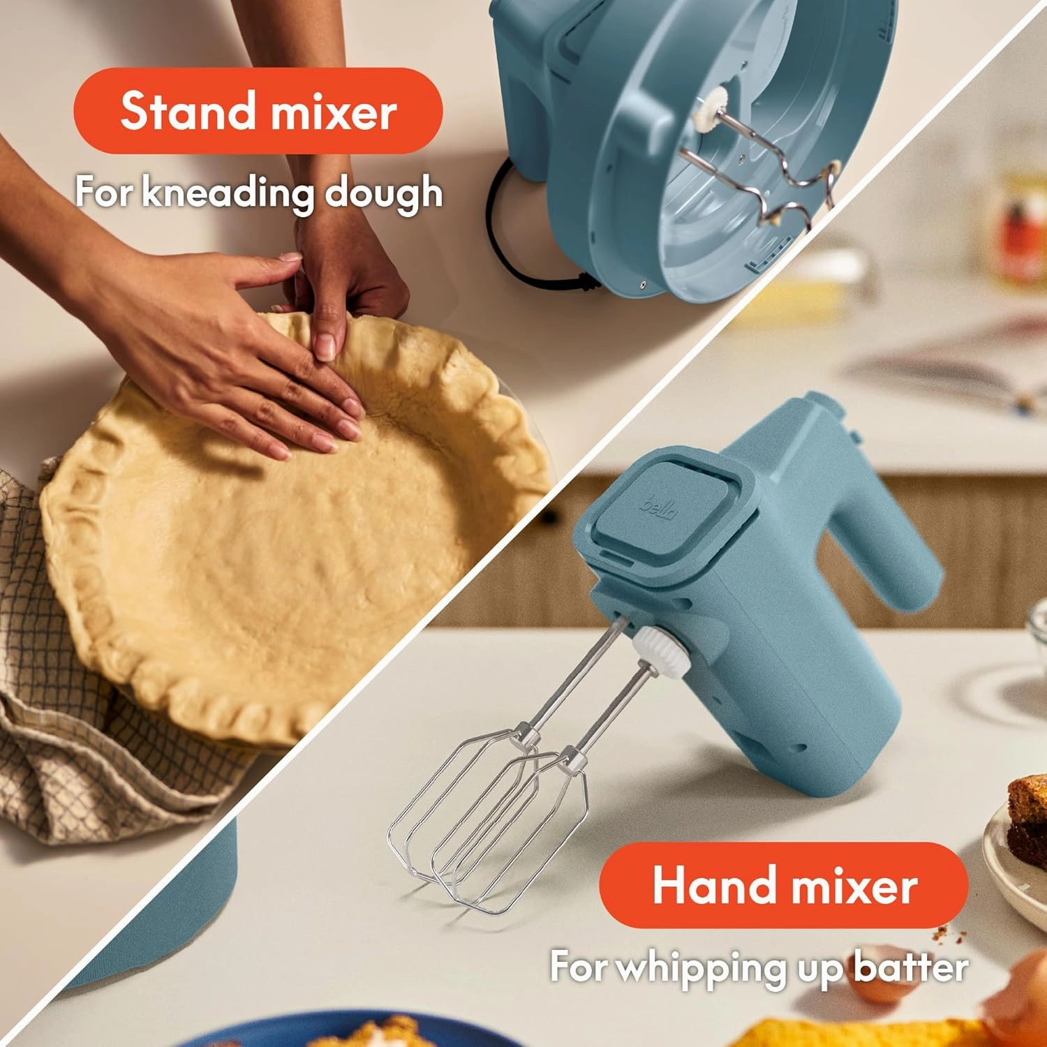 bella 3.5 qt Hand Blender & Stand Mixer, 2 in 1 Electric Mixer with Bowl, Dough Hook, Whisk & Egg Beater, Multifunctional Handheld Blender & Mixer for Baking, 200 Watt, Surf