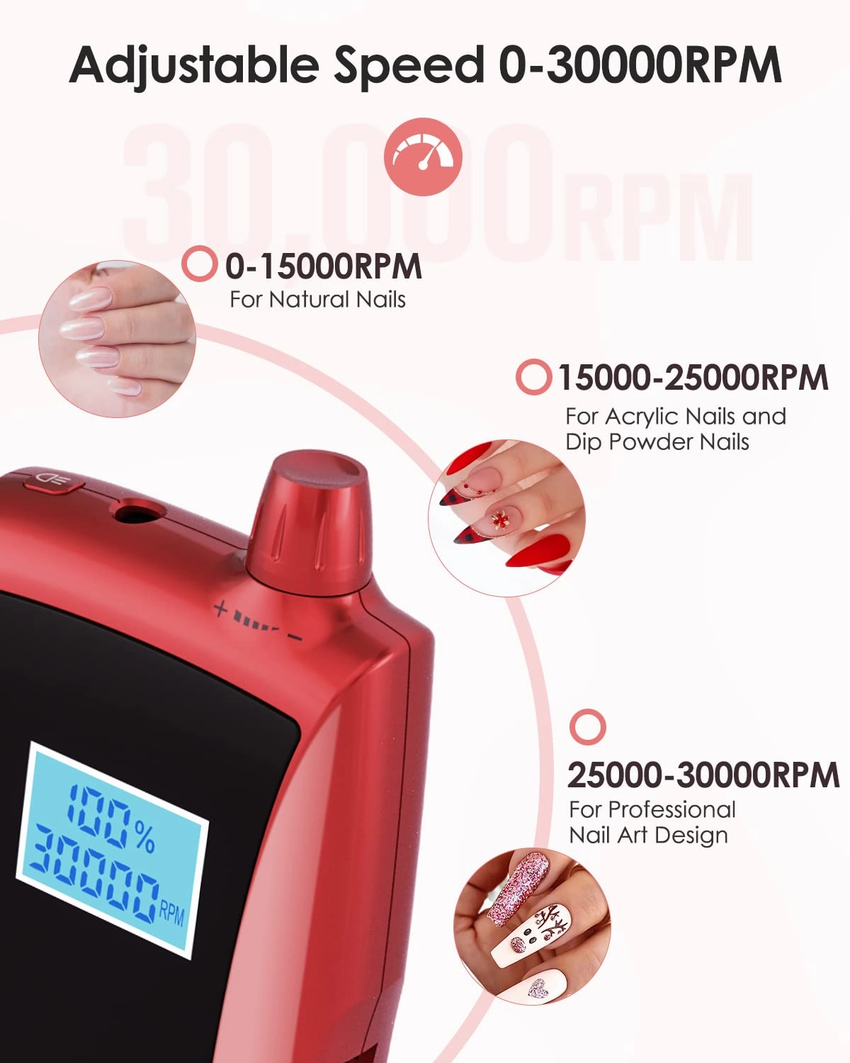 Beloving Portable Nail Drill Machine,30000RPM Rechargeable Electric Nail File Professional with Speed Display,Sanding Bands and Bits,Efile for Acrylic Dip Gel Nails Manicure Pedicure Home Salon Use