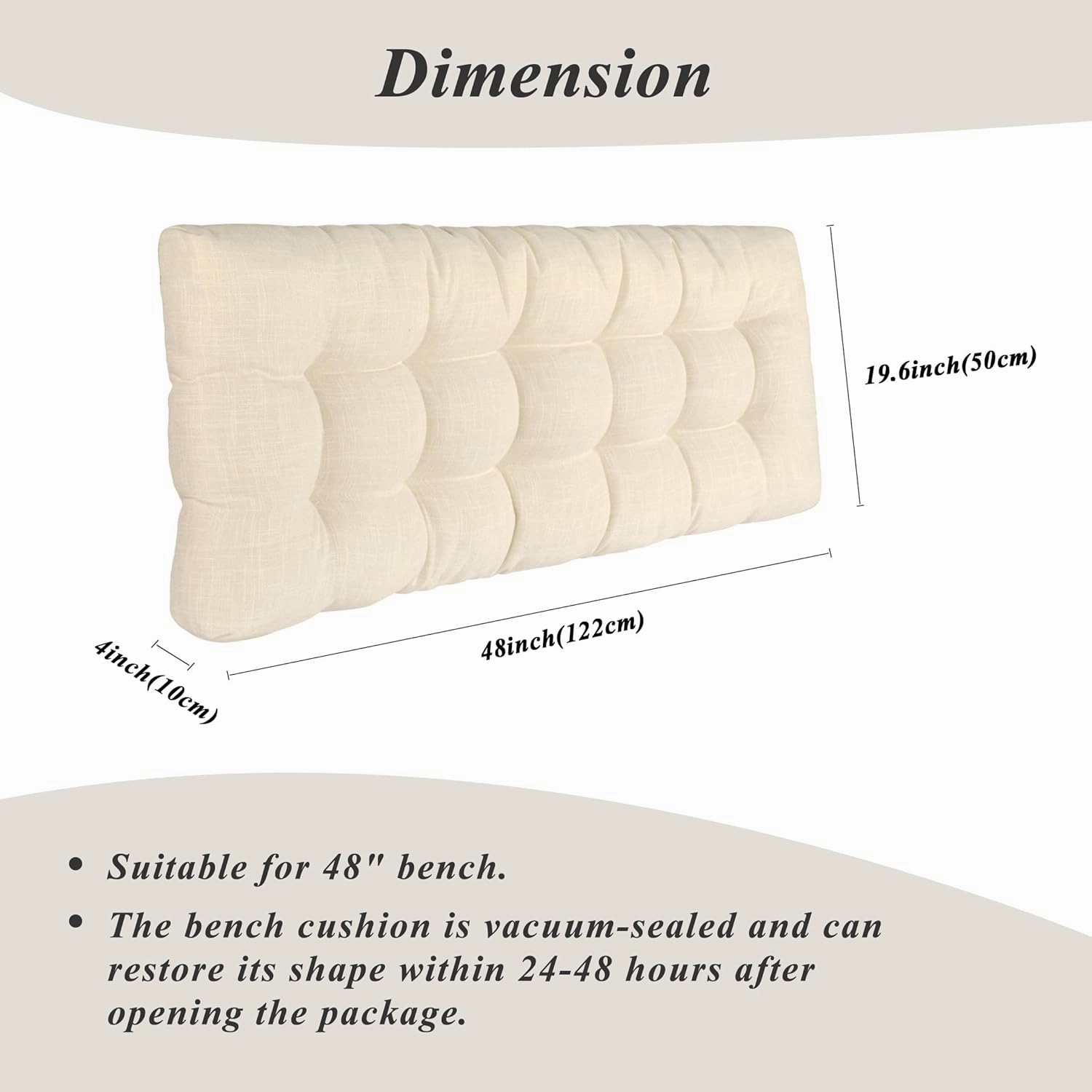 Bench Cushion for Indoor Furniture 48 x 19 inch Rectangle Bench Seat Cushion for Bay Window Entryway Bench Thick Textured Chair Cushion with Non-Slip Backing 1 Pack, Beige