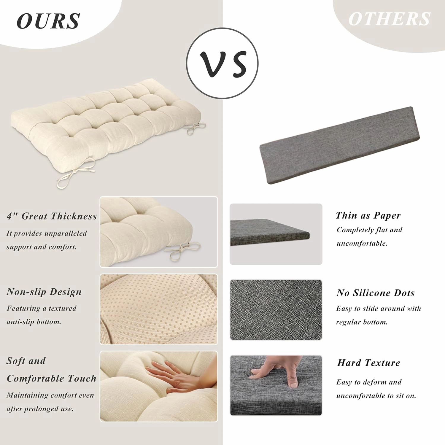Bench Cushion for Indoor Furniture 48 x 19 inch Rectangle Bench Seat Cushion for Bay Window Entryway Bench Thick Textured Chair Cushion with Non-Slip Backing 1 Pack, Beige
