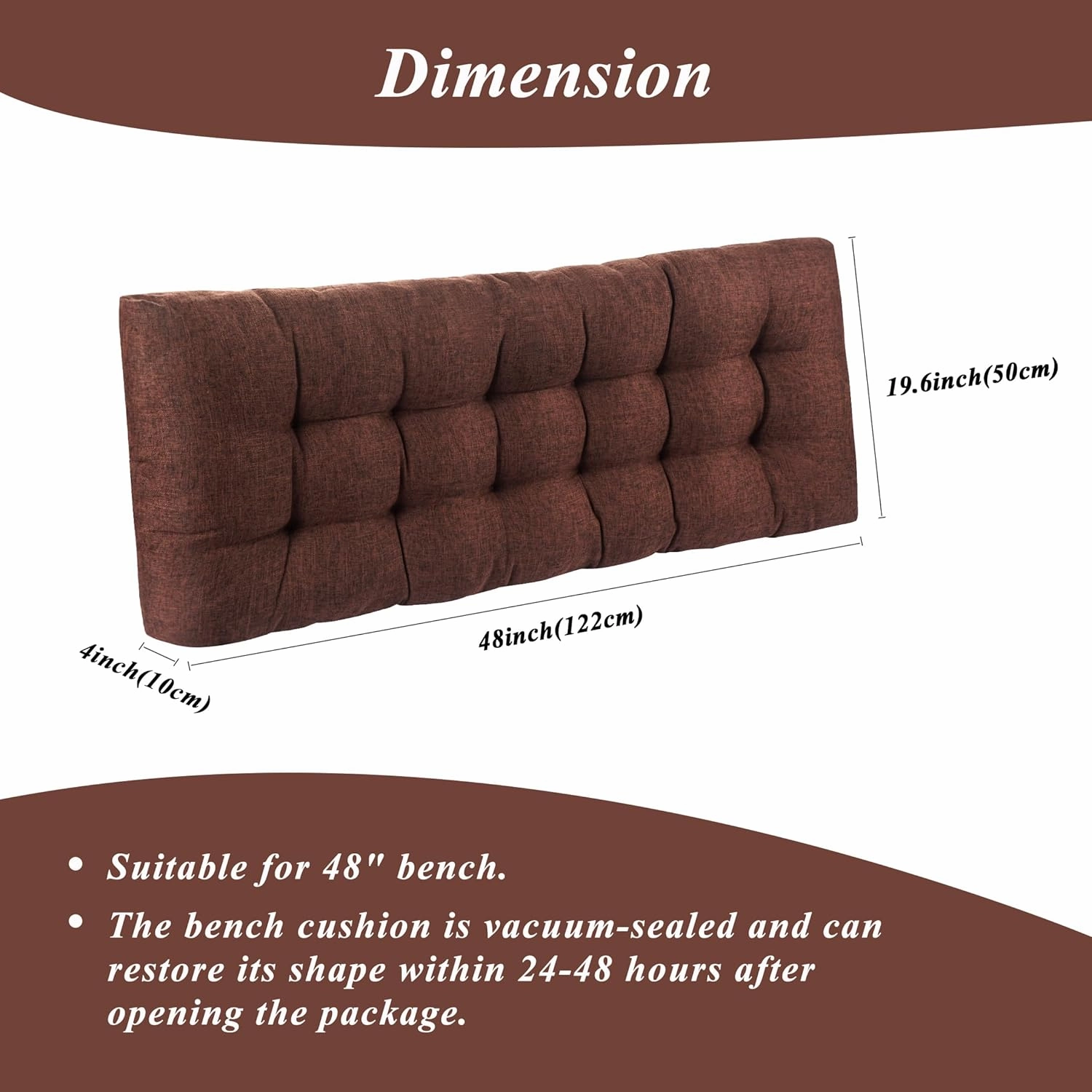 Bench Cushion for Indoor Furniture 48 x 19 inch Rectangle Bench Seat Cushion for Bay Window Entryway Bench Thick Textured Chair Cushion with Non-Slip Backing 1 Pack, Coffee