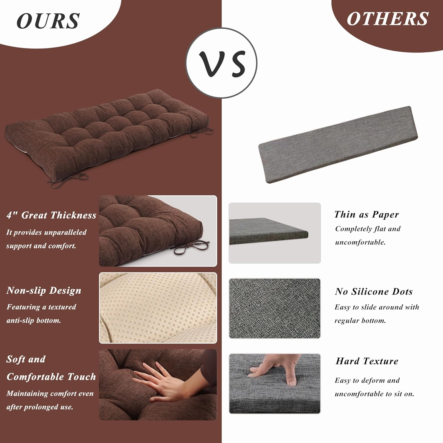 Bench Cushion for Indoor Furniture 48 x 19 inch Rectangle Bench Seat Cushion for Bay Window Entryway Bench Thick Textured Chair Cushion with Non-Slip Backing 1 Pack, Coffee