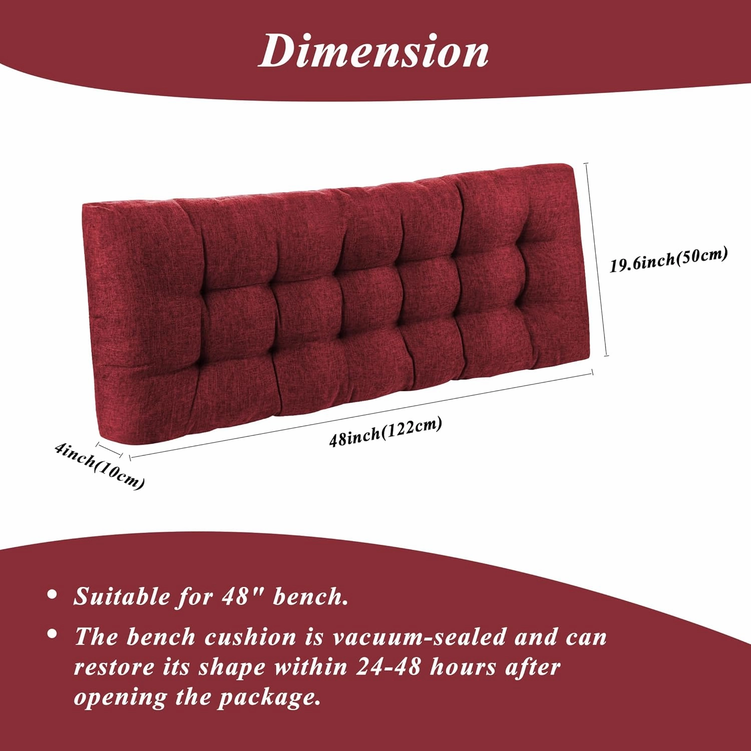 Bench Cushion for Indoor Furniture 48 x 19 inch Rectangle Bench Seat Cushion for Bay Window Entryway Bench Thick Textured Chair Cushion with Non-Slip Backing 1 Pack, Red