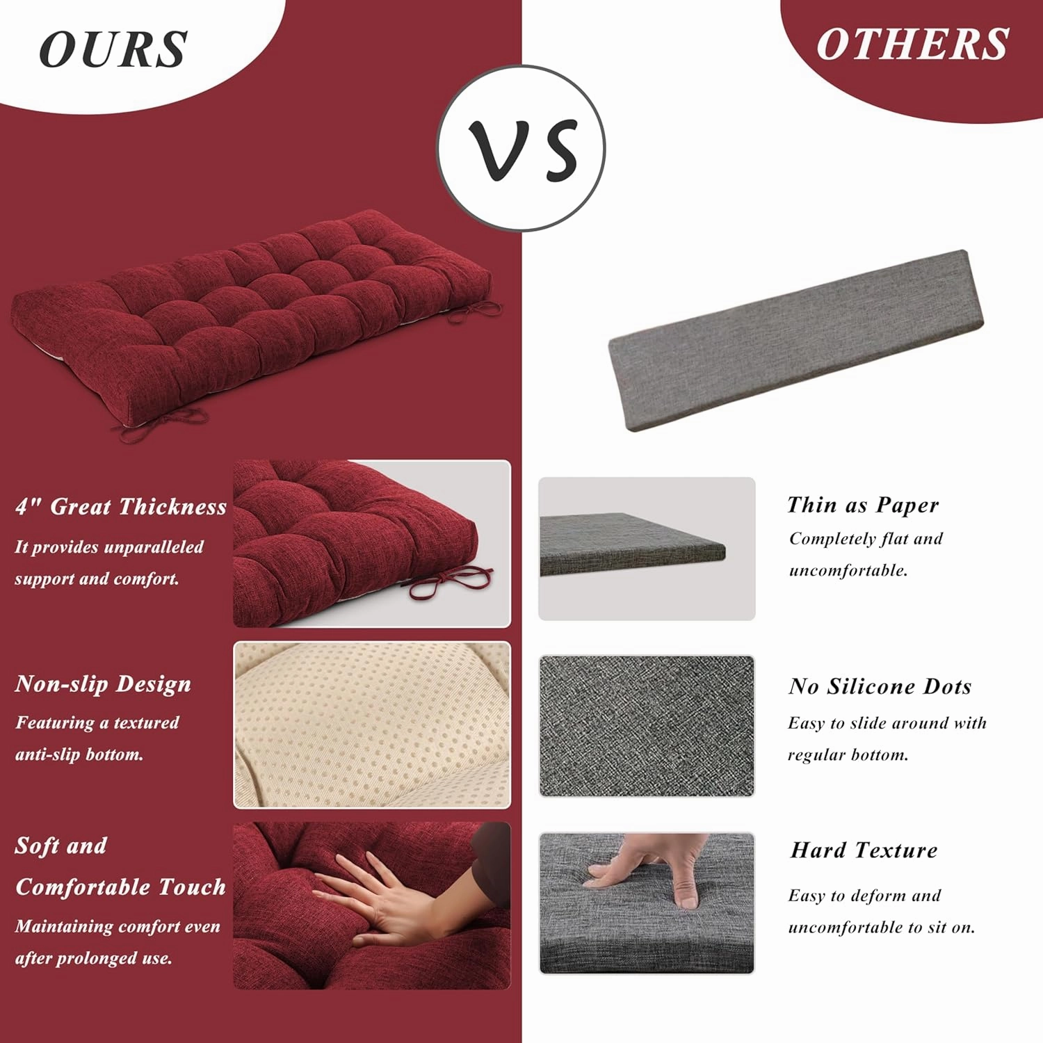 Bench Cushion for Indoor Furniture 48 x 19 inch Rectangle Bench Seat Cushion for Bay Window Entryway Bench Thick Textured Chair Cushion with Non-Slip Backing 1 Pack, Red