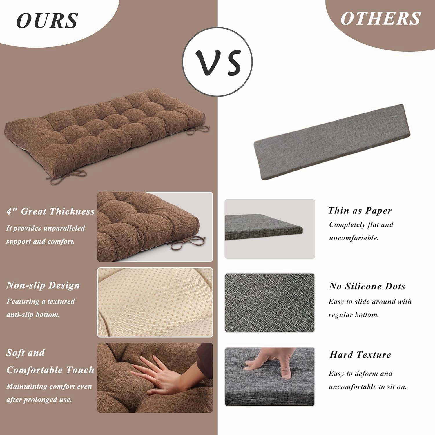 Bench Cushion for Indoor Furniture Rectangle Bench Seat Cushion for Bay Window Entryway Bench Thick Textured Chair Cushion with Non-Slip Backing 1 Pack 48 x 19 inch (1, Light Brown)