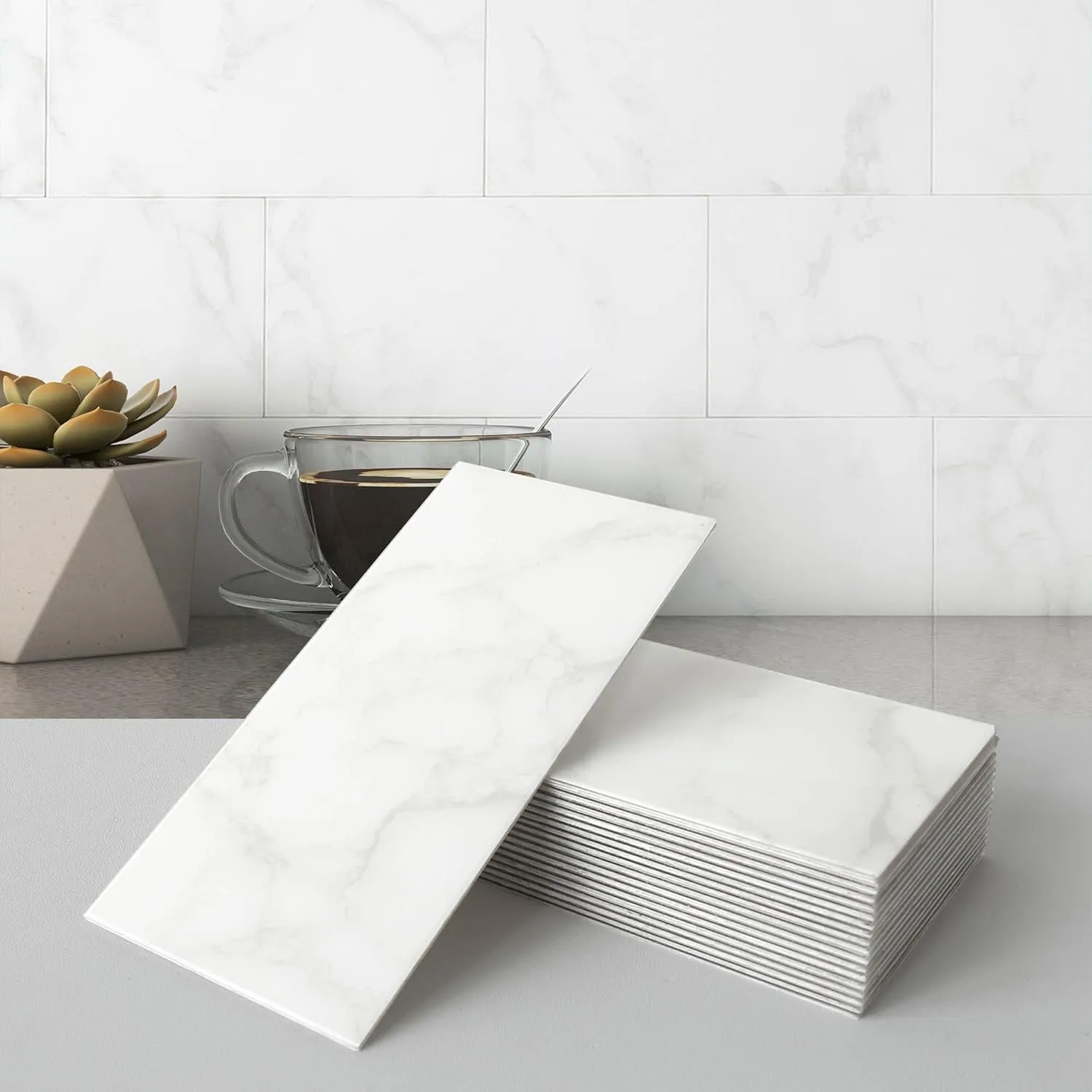 BeNice Matte Bathroom Backsplash Peel and Stick Subway Tile Stickers Waterproof,Stick on Backsplash for Kitchen Wall Individual Tiles 3.85INx7.79IN (Carrara White,23PCS)