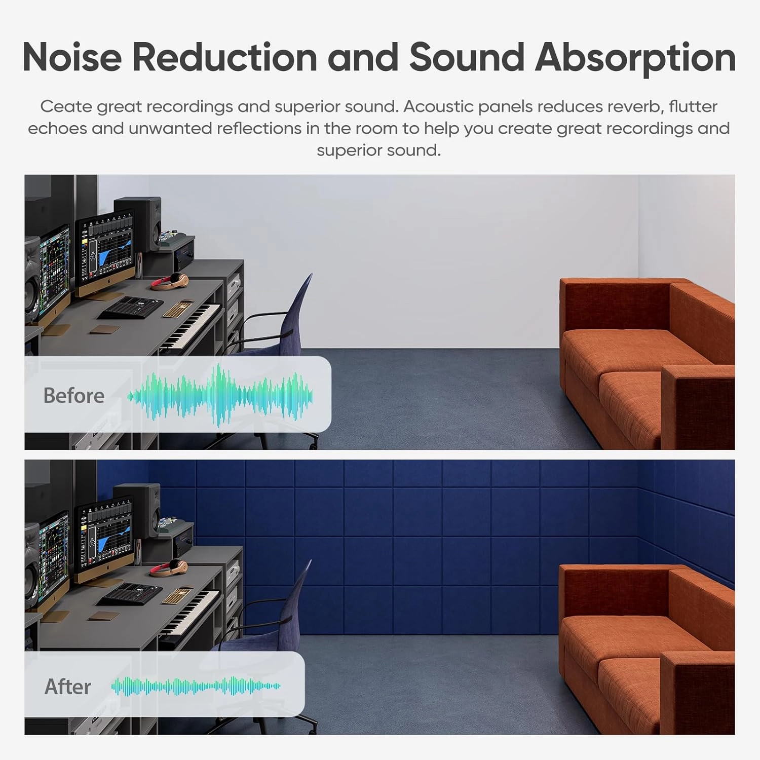 Berlai 20 Pack Acoustic Panels Self Adhesive Sound Proof Foam Panels, 12x12x0.4" High Density Sound Absorbing Panels, Square Acoustic Tiles for Recording Studio Home Theater Office Room(Advanced Blue)