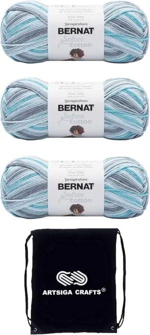 Bernat Softee Cotton Blue Waves 161269-69025 (3-Skeins - Same Dye Lot) DK Light Worsted #3 Cotton, Acrylic Yarn for Crocheting and Knitting with Project Bag