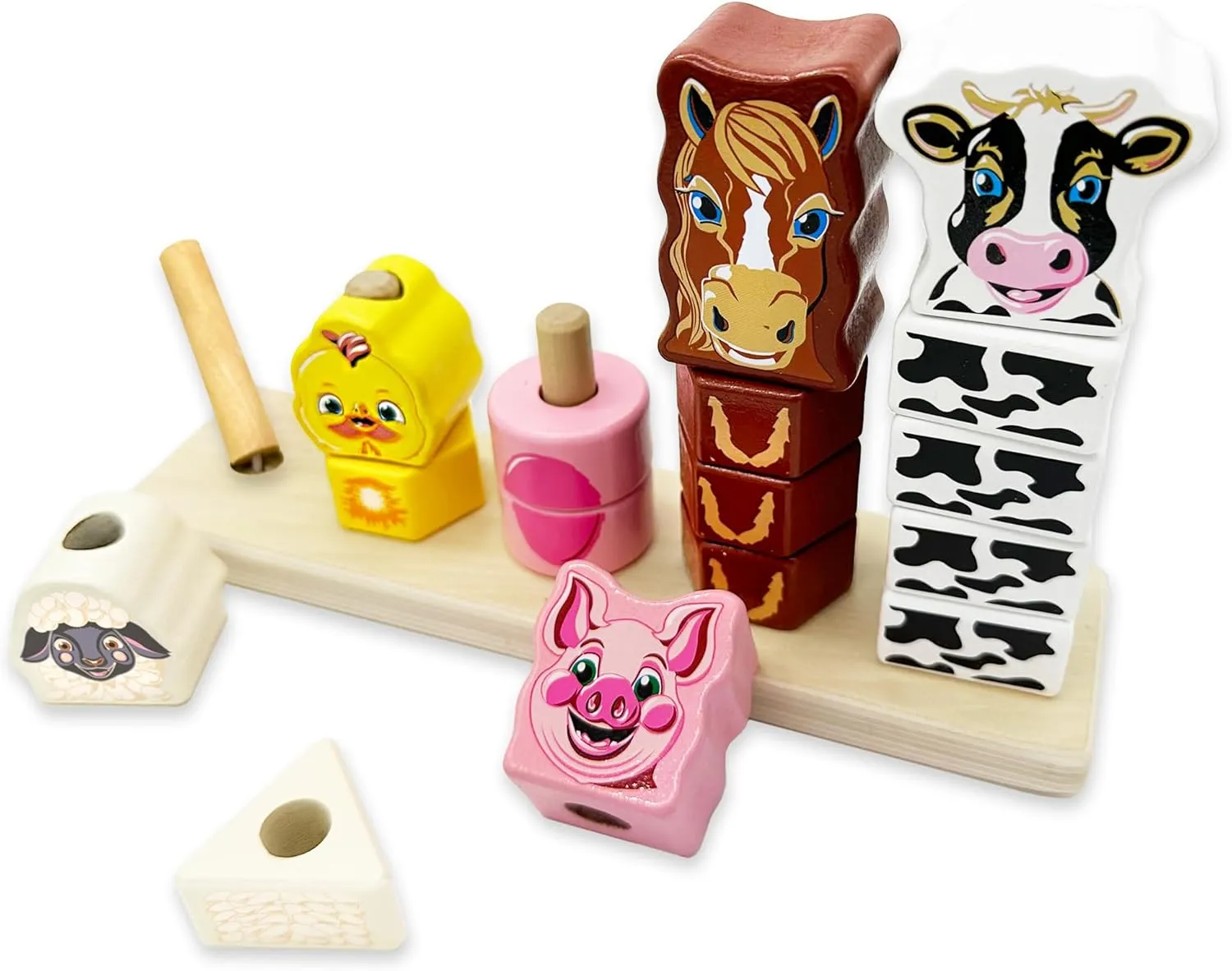 Big Discoveries Stacker - Animal Block Stacking Puzzle for Ages 2 and Up | Durable Wooden Geometry Shape Toy with Flexible Safety Pegs and Pegboard - Montessori Stack Toy for Toddlers (Farm Stacker)