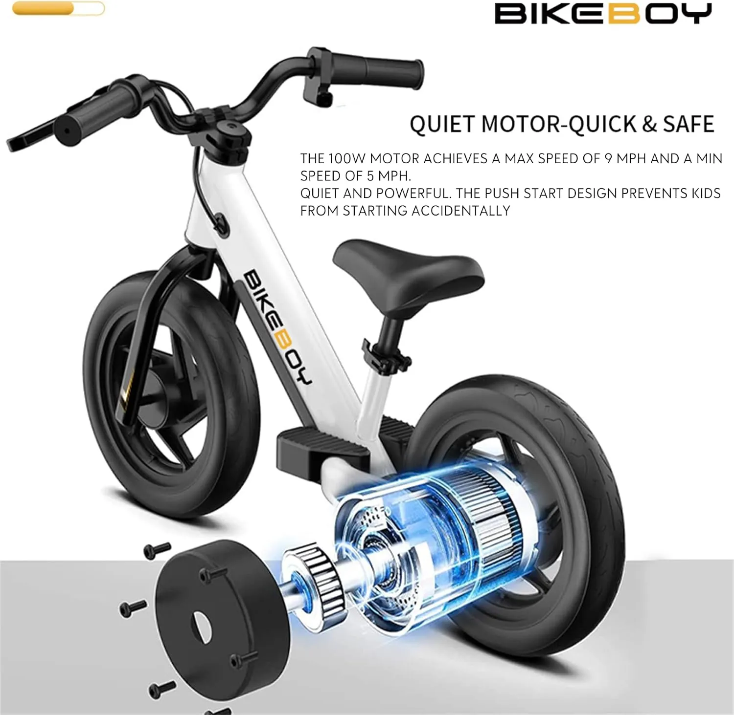 bikeboy Electric Balance Bike Kids Electric Bike for Ages 3-5years Old,24v 100w Motor,With12-Inch Pneumatic Tires, Rear Wheel Brake,Adjustable Speed,Dazzling Electric Motorcycle for Kids